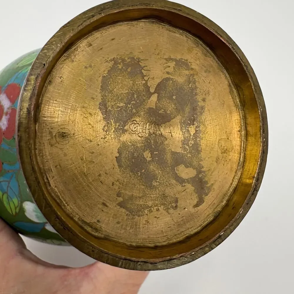 Antique Chinese Cloisonne Enamel Green Floral Vase Republic Period 1890s 1920s